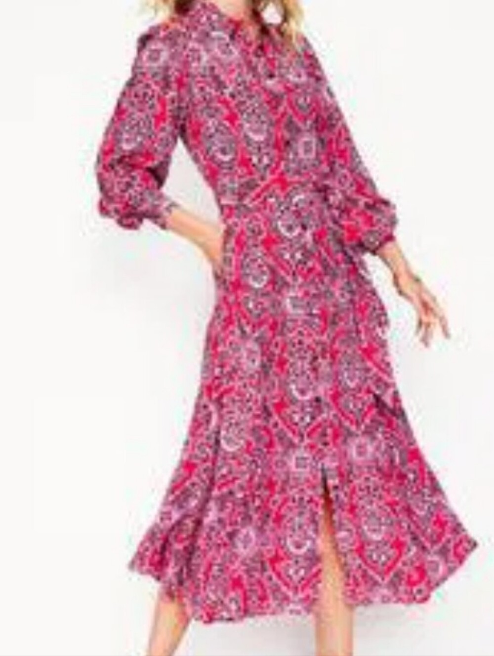 Boden Martha Godet Maxi Shirt Dress Pink Paisley Size 8R.